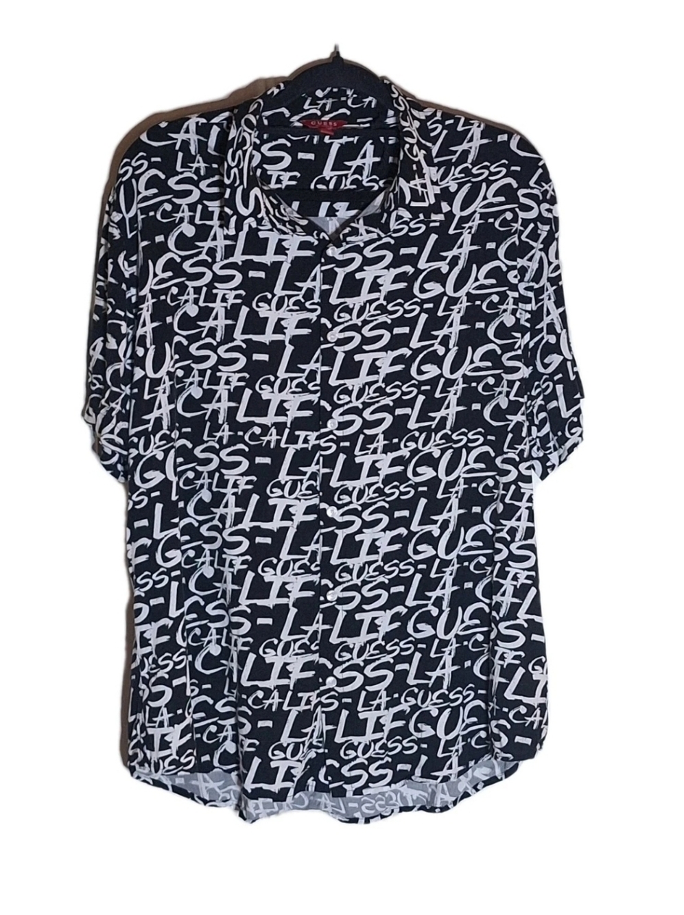 GUESS L A Graffiti Print Short Sleeve Button Up Streetwear Black White Mens XL